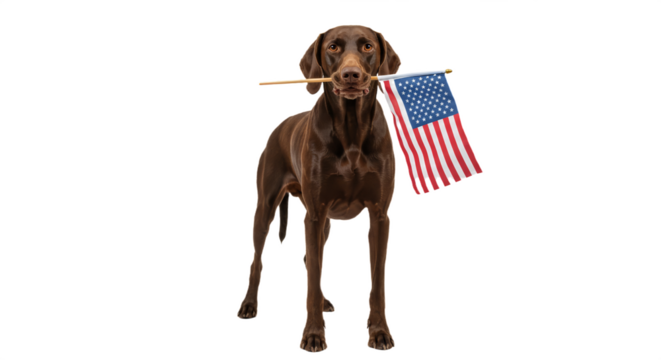 Brown Dog Holding American Flag In Mouth standing isolated on white transparent background, PNG  - Powered by Adobe