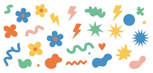 A set of stickers with abstract clouds and flowers, featuring vibrant retro cartoon-style designs of funky flowers, bubbles, stars, loops, and waves.