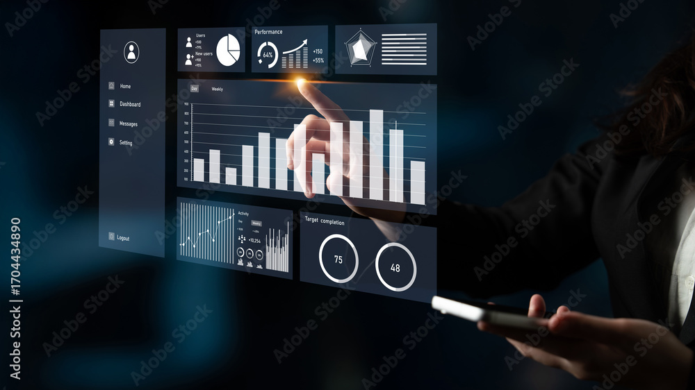 Poster a professional user interacts with a high-tech touchscreen displaying detailed data analytics, graph