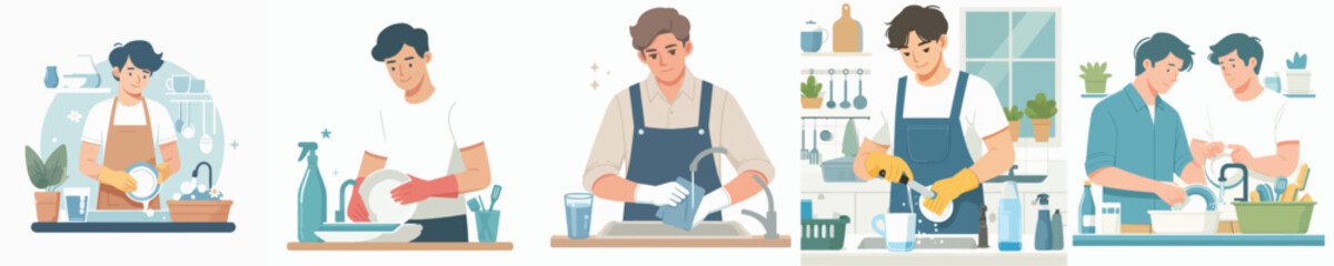 vector of a young man washing dishes