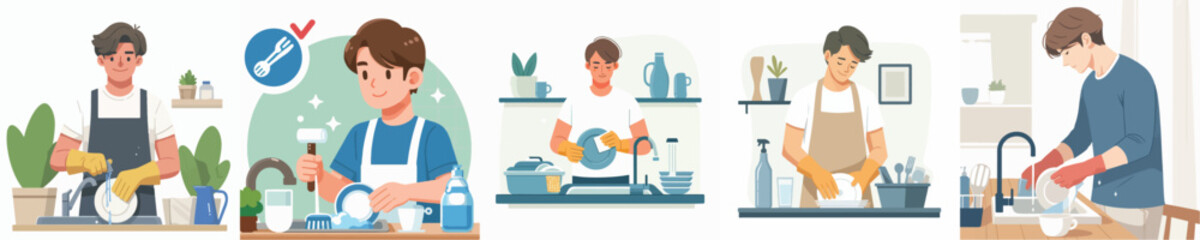vector of a young man washing dishes