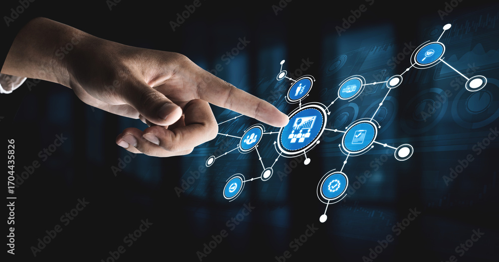 Poster a close-up of a hand pointing at digital icons showcasing various technology concepts like data anal