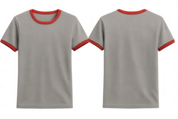 Front and back view of a gray t-shirt with red trim, perfect for showcasing designs or logos on a transparent background