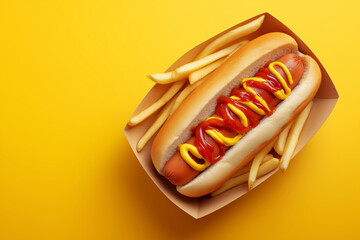 Classic Hot Dog with Ketchup, Mustard, and French Fries on Yellow Background