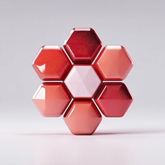 Fototapeta premium A stylized flower composed of glossy hexagonal tiles in varying shades of red and a central off-white hexagon, set against a neutral background