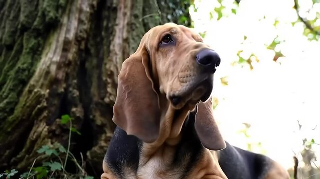 Dog portrait against tree trunk