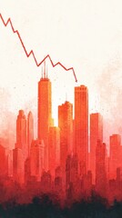 Fototapeta premium Watercolor Infographic Illustrating Seasonal Financial Trends with Declining Chart Over Skyscraper Cityscape