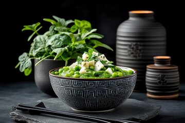 Green pea and spinach dish garnished with cheese cubes.