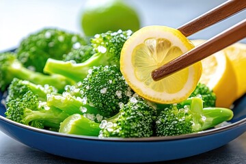 Broccoli and Lemon Dish Served with Chopsticks