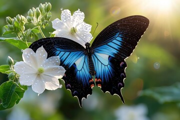 Beautiful blue butterfly resting on a white flower.
