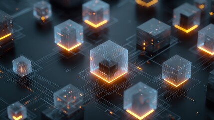 isometric arrangement of glowing digital cubes network circuit design and server architecture concept for data processing blockchain technology and cloud computing solutions