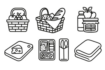Picnic Essentials Icons. Line style icons of basket and bag contents: fruit inside basket, bread loaf peeking, napkin-lined, pie