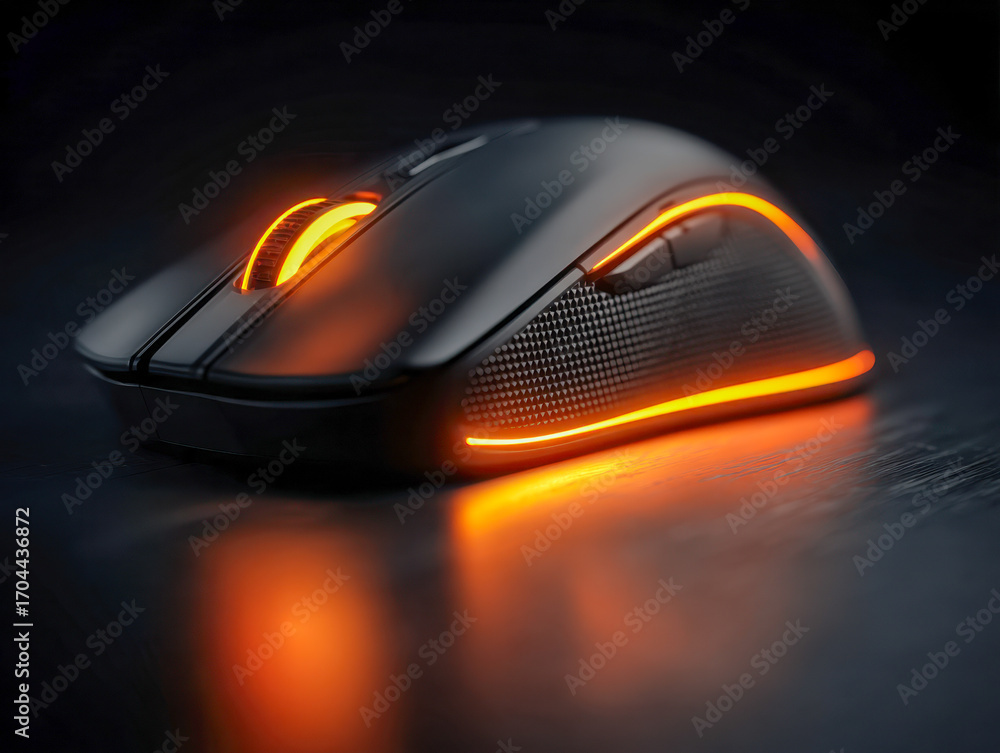Poster sleek black computer mouse with vibrant orange led lighting on scroll wheel and edges resting on a r