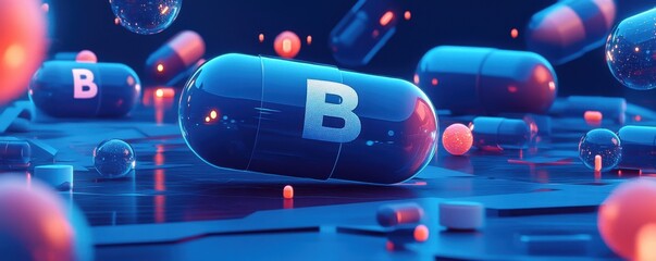 Futuristic blue capsule with letter 'B' on a digital network
