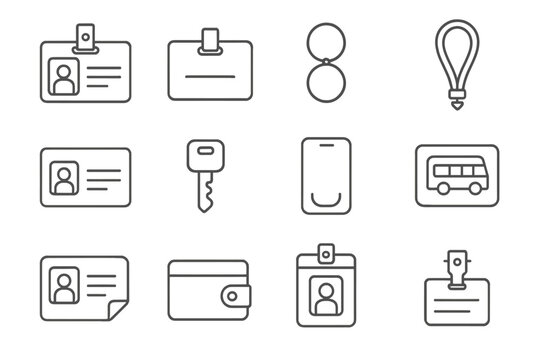 School Essentials Icons. Line style icons of school ID and personal items: school ID badge, name tag, keychain, lanyard; student