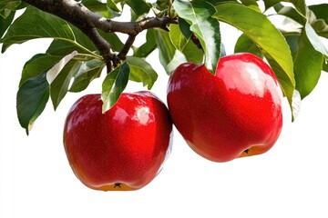 Two ripe red apples hanging from a branch.
