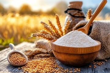 Wheat flour in a wooden bowl with wheat ears and grains.
