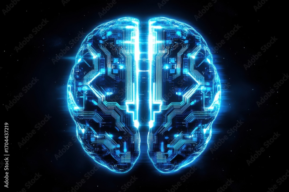 Poster futuristic ai brain design created from glowing circuit board
