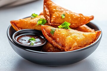 Golden fried pastries served with dipping sauce.