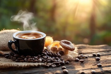 A steaming cup of coffee with mushrooms on a rustic wooden surface.