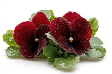 Burgundy Pansies with Water Droplets on White