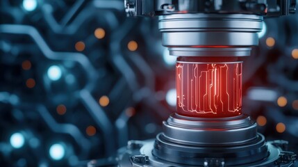 A high-tech device displaying intricate circuitry and glowing red elements, set against a dark, futuristic background.