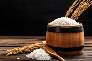 White rice in a wooden barrel on a rustic table.