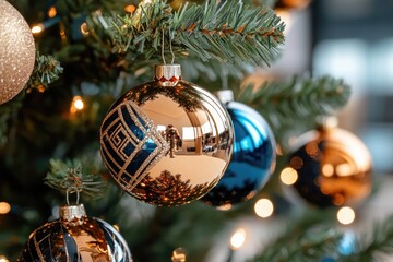 Christmas tree ornaments with reflective surfaces.