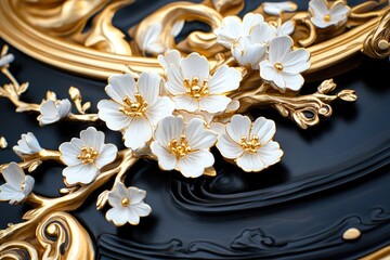 Ornate floral design in gold and white on black background.