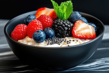 Bowl of oatmeal topped with fresh berries and seeds.