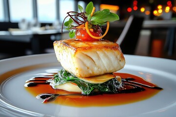 Crispy pan-seared white fish with a vegetable topping.