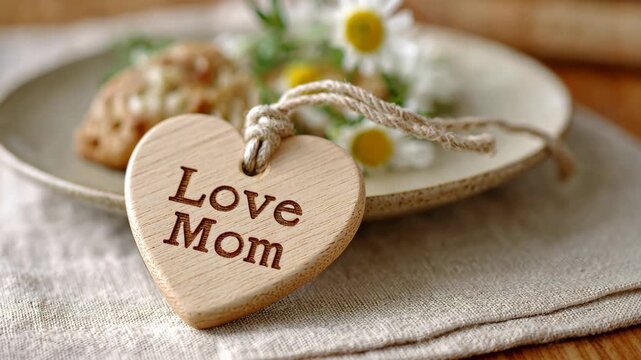 Heartfelt mother's day gift with wooden heart tag and chamomile in cozy setting