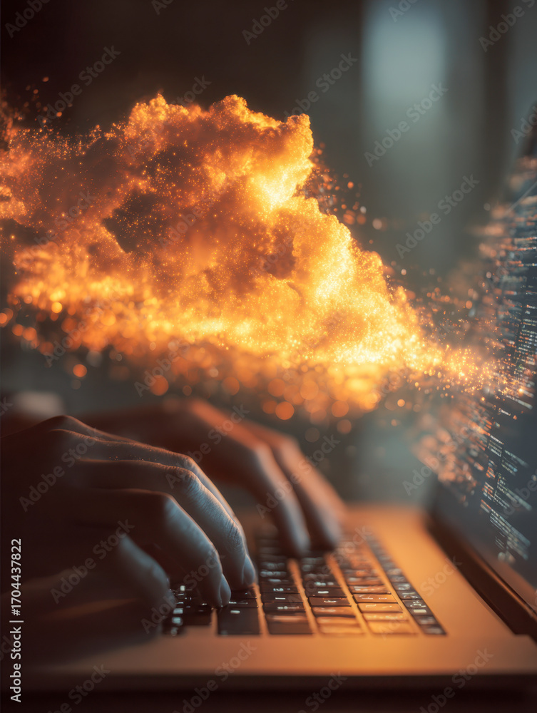 Poster futuristic digital firestorm: a person typing on a laptop with a blazing cloud of glowing particles 