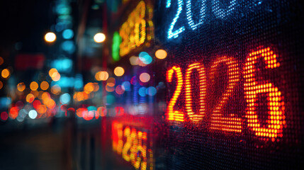 year “2026” glows in bright LED lights on a digital display, with colorful city lights and bokeh in the background creating a lively, futuristic mood