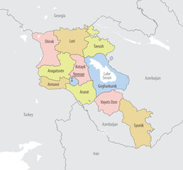 Detailed map of Armenia with administrative divisions and borders of neighboring countries, vector illustration on white background