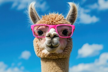 Obraz premium Adorable alpaca wearing playful pink glasses in nature
