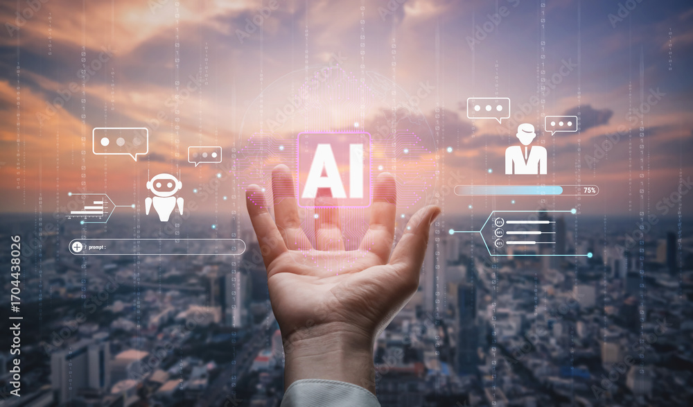Aufkleber an ai chatbot for global customer service and communication. a concept of a smart assistant interact