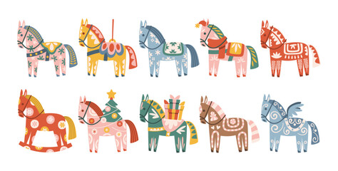 Cute Merry Christmas horses decorative elements with traditional ornaments for winter holidays © wooster
