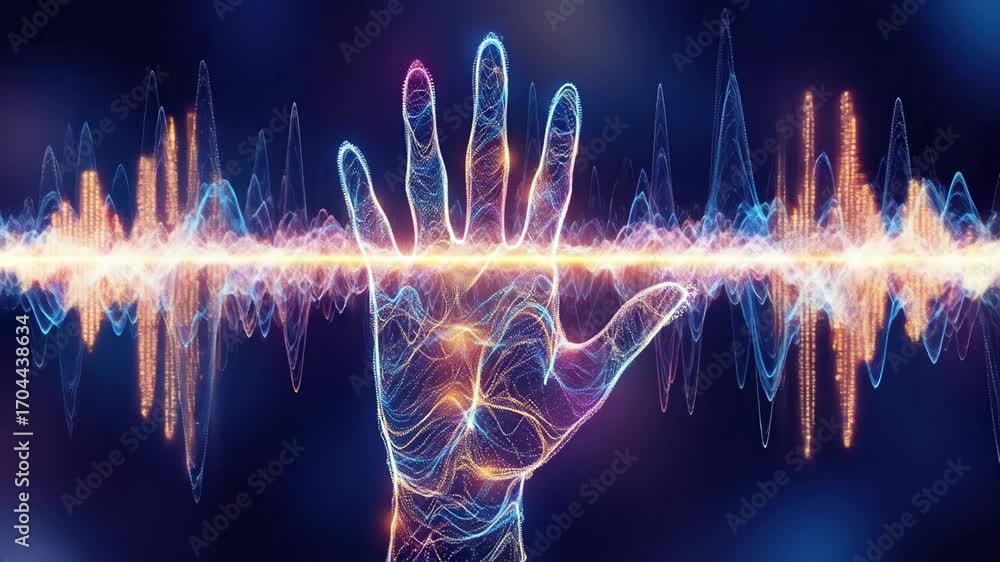 Aufkleber digital hand interacts with fluctuating sound waves and vibrant frequency visualization for technolo