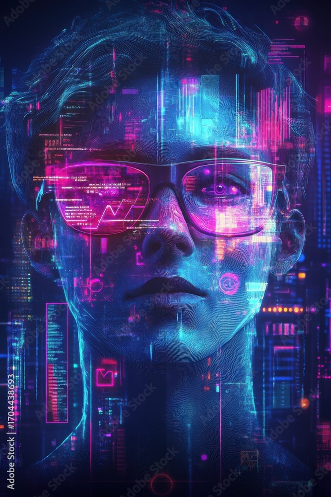 Poster futuristic ai avatar with holographic digital interface display