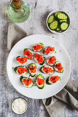 Cucumber appetizer with ricotta and salted red fish on a plate on the table top and vertical view
