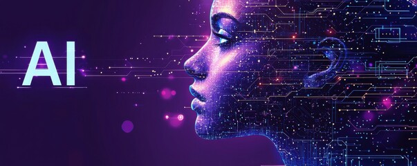 Abstract digital AI concept with futuristic elements and facial profile
