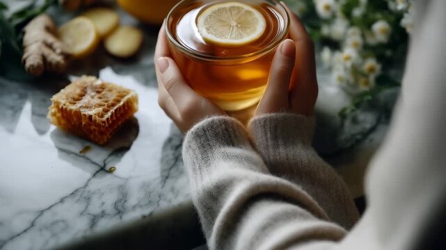 Cup of Honey Lemon Tea Held by Hands