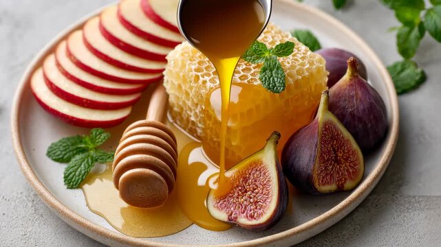 Honey drizzling on honeycomb with sliced apples, figs, and fresh mint on a plate