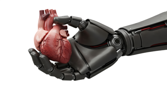 Robot Hand Holding A Human Heart isolated on white background 