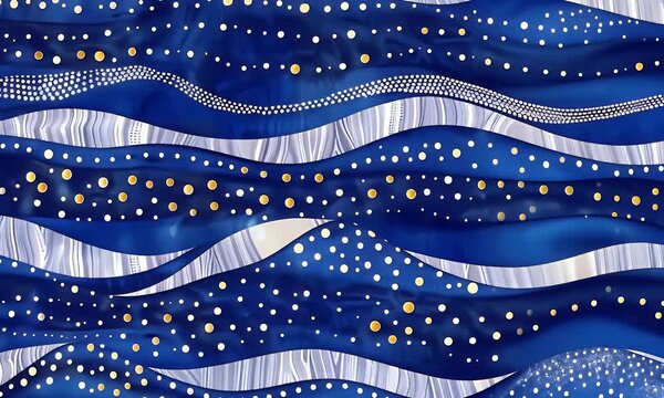 An abstract wave design featuring blue tones with gold metallic accents.