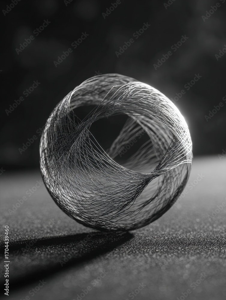 Poster intricate spool of thread resting on a dark surface illuminated by soft light during late afternoon