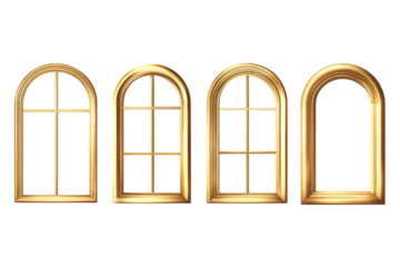 Four golden arched window frames on black background