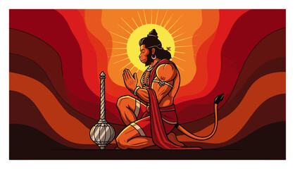Lord Hanuman in a Prayer Pose Against a Stylized Sunrise