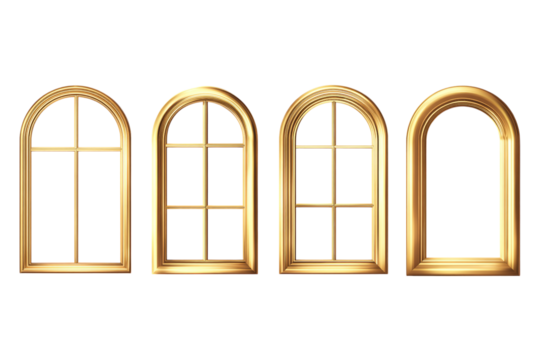 Four golden arched window frames on black background